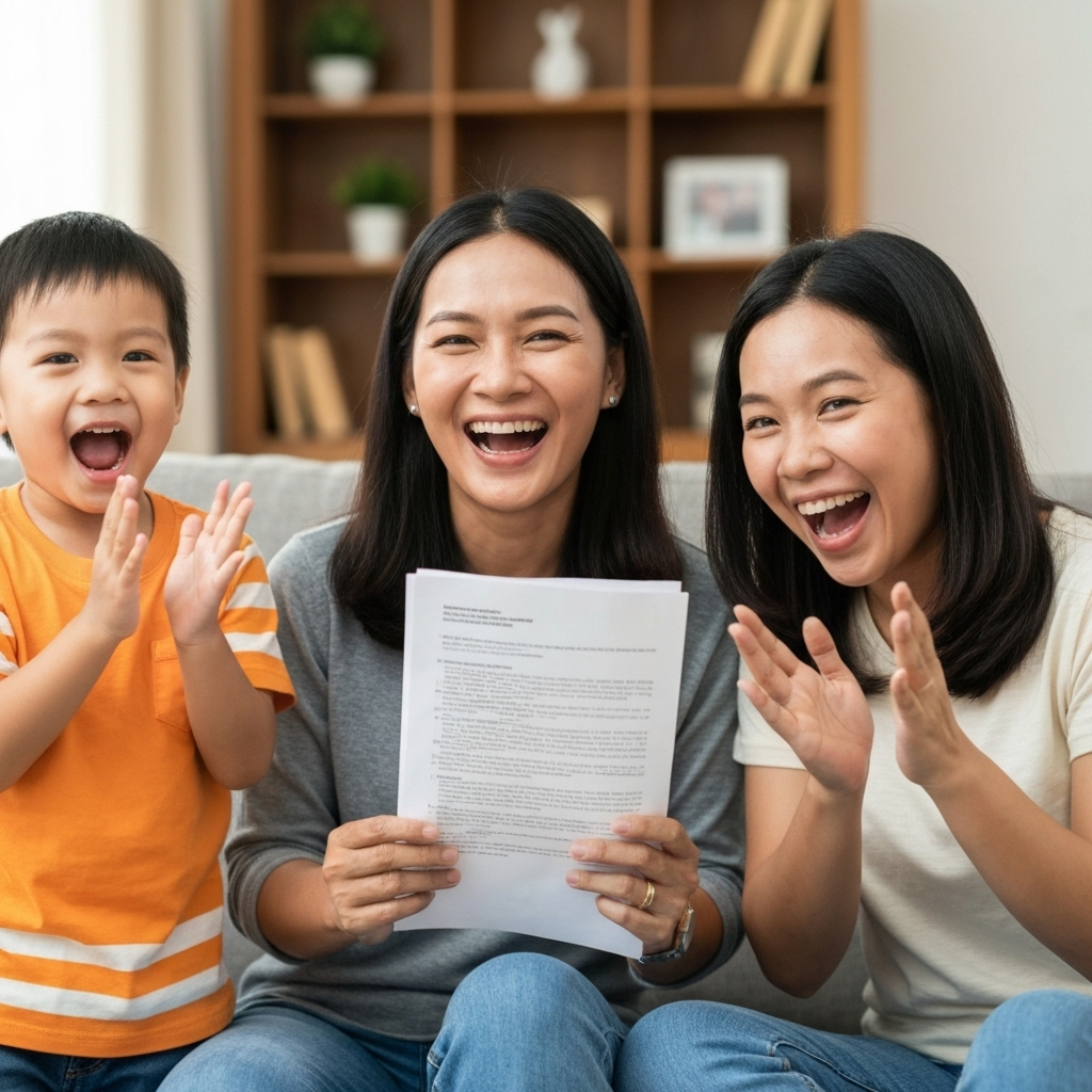 Happy Filipino family celebrating financial success